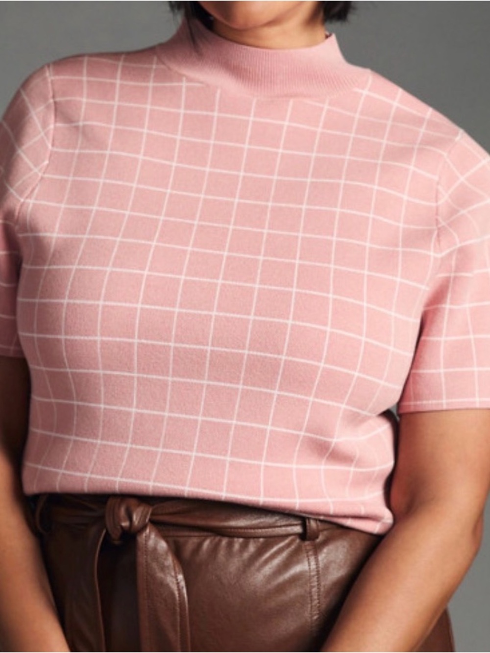 Anthropologie Maeve Pink Grid Mock-Neck Short Sleeve Top - Picture 6 of 11
